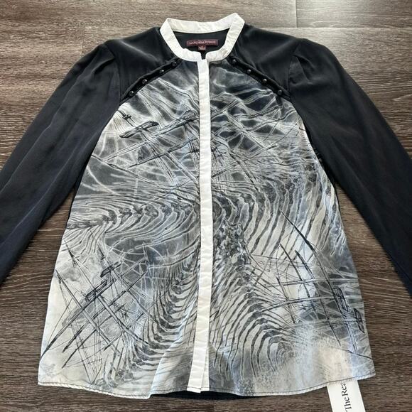 Marchesa Voyage 100% Silk Graphic Print Blouse Sz 4 Black White Long Sleeve VGUC - Picture 10 of 11